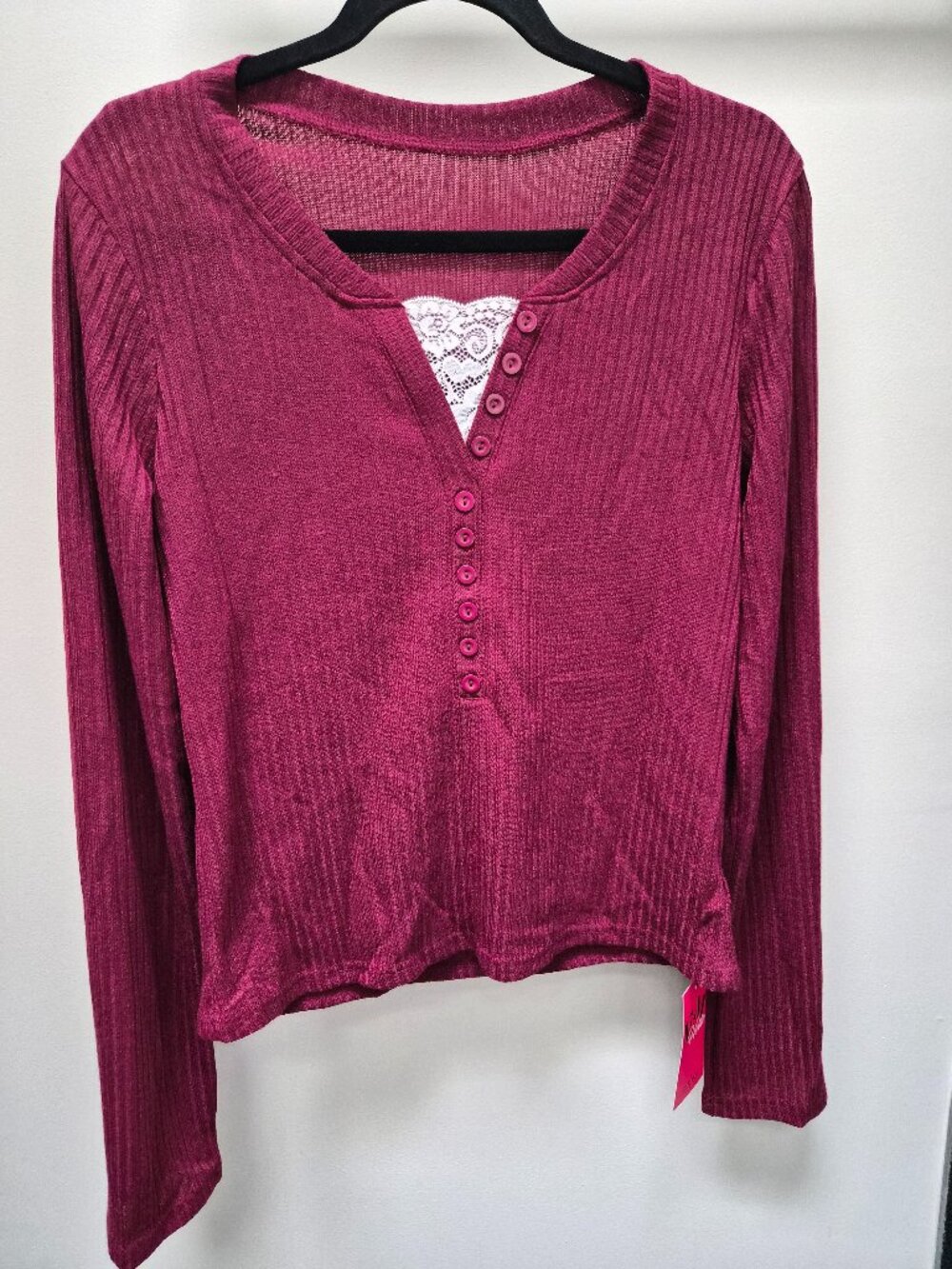 Burgendy Henley with Lace Trim Long Sleeve Shirt
